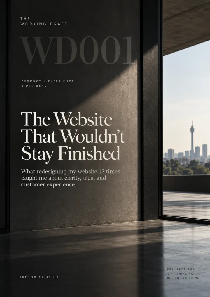 Working Draft 001 cover, a dark architectural interior with Johannesburg beyond the window.
