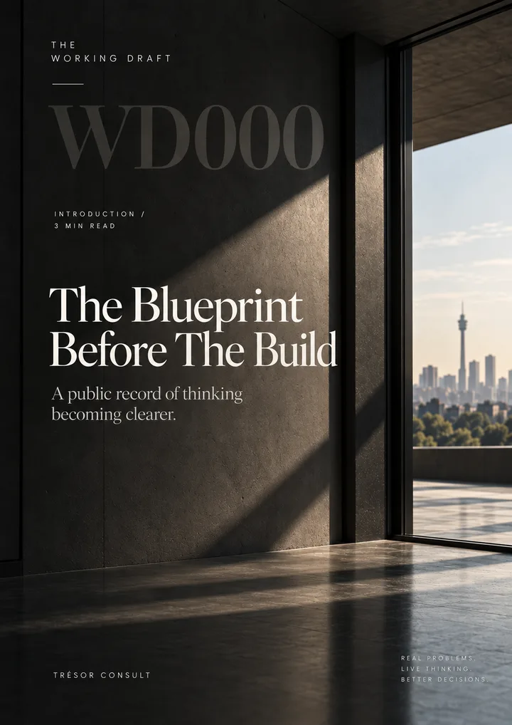 The Working Draft introduction cover, an architectural interior with Johannesburg beyond the window.